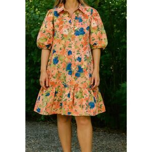 Eloquii Elements Print fit and flair , tiered Dress with Puff Sleeves, Size 22